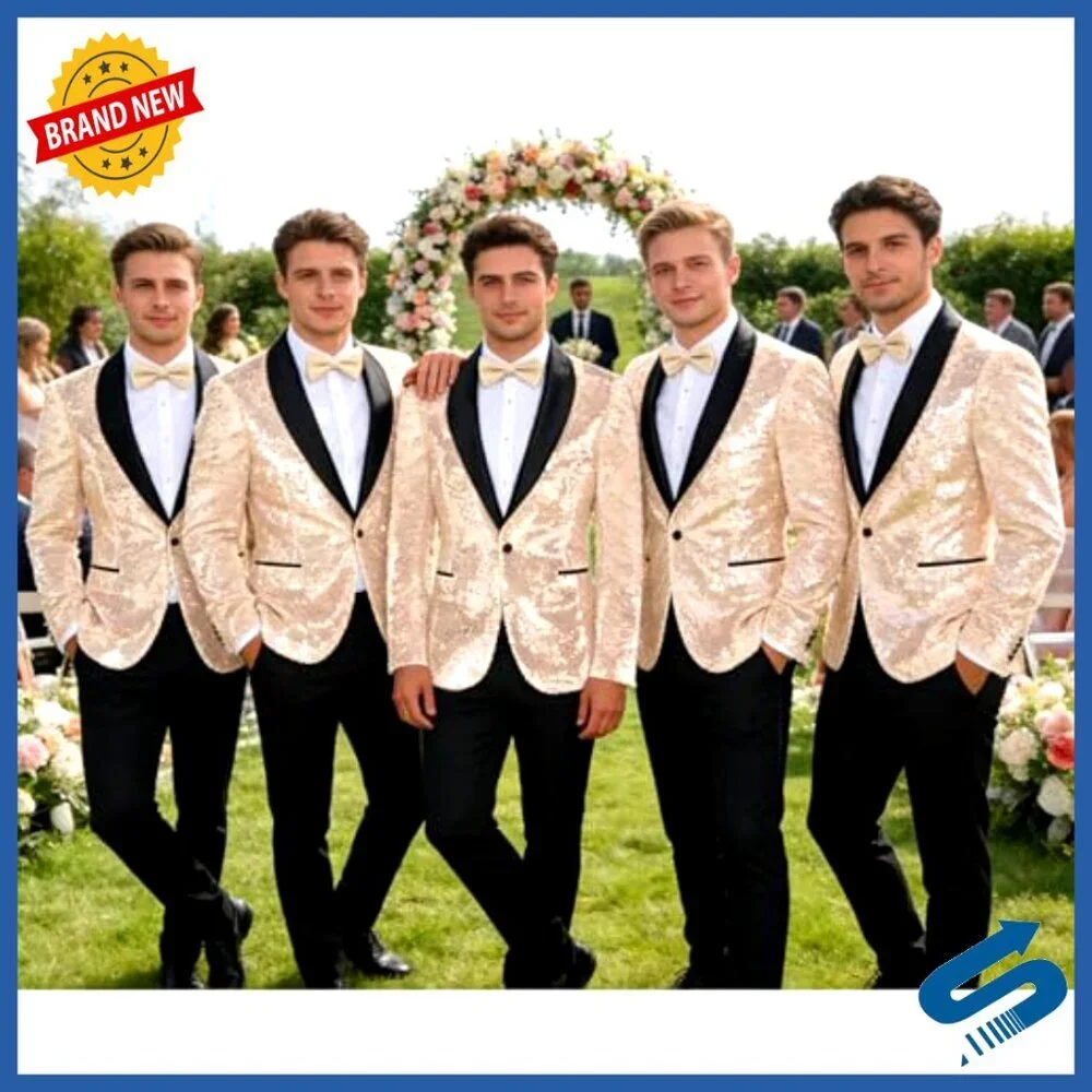 Men's Sequin Tuxedo Suit Set Slim Fit Prom Wedding Party Formal Attire